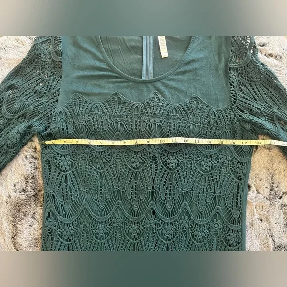 EUC Monoreno Teal Lace Fringe Midi Dress Overlay Sheath 3/4 Sleeve Medium Boho - Picture 11 of 15